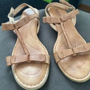 Born Womens size 7 Strappy Leather Sandals Tan Summer Wedge Heel